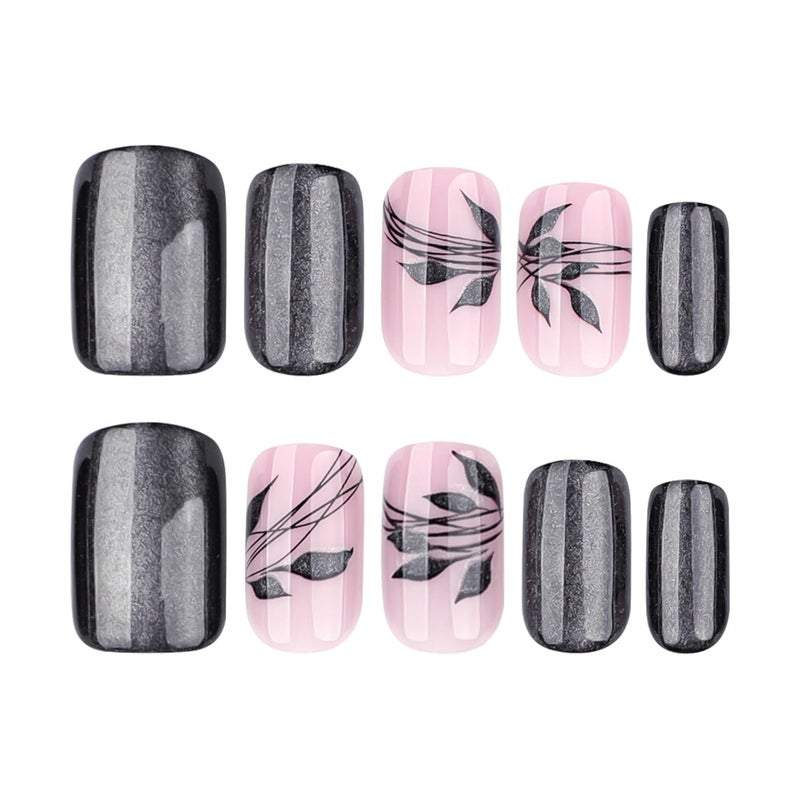 CTTHNBD Medium Press on Nails Square - Black Fake Nails with Leaf Design - Glitter Glossy Full Cover Stick on False Nails - for Women Fall Manicure 24 Pcs - Image 5